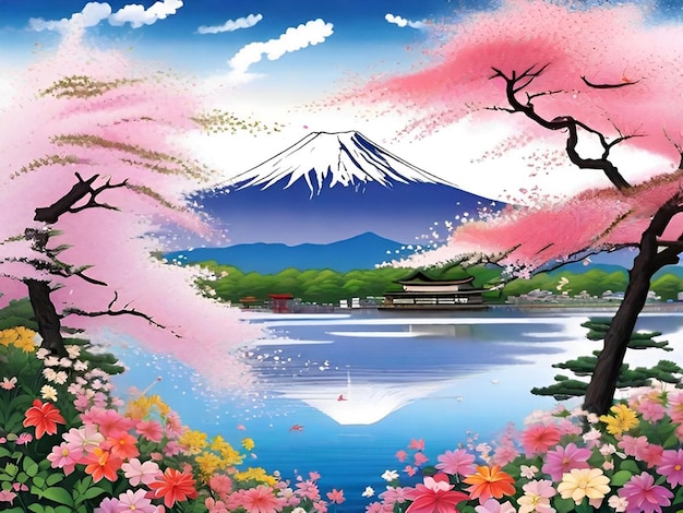 Mount fuji with flowers and lush trees