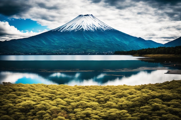 目の前に湖がある富士山