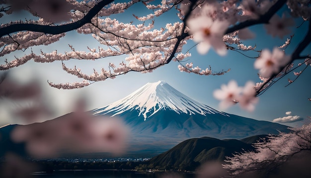 Mount fuji with a tree in the foreground and a mountain with flowers in the background