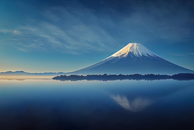 Mount Fuji With water lake in realistic painting art. Green lake with bluish sky with two mountain.