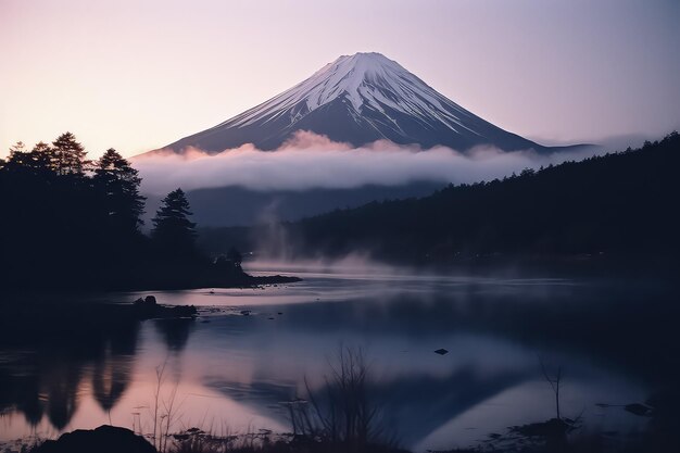 Foto mount fujisan bij het meer kawaguchiko in japan bij zonsondergang