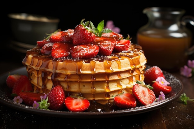 Mount of golden waffles with fresh strawberries and honey generative IA