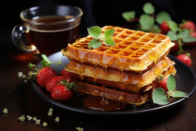 Mount of golden waffles with fresh strawberries and honey generative IA