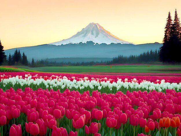 Mount Hood Sunrise with Tulips flower