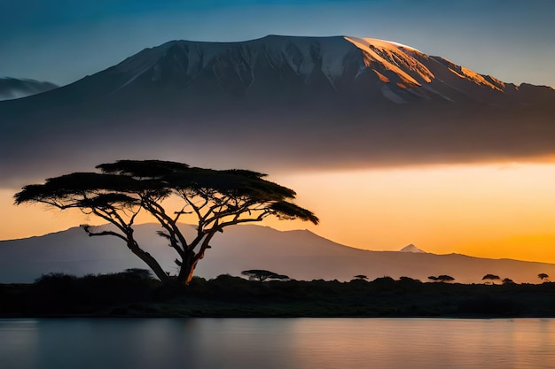 Mount Kilimanjaro and clouds line at sunset view from savanna landscape in Amboseli Kenya Africa