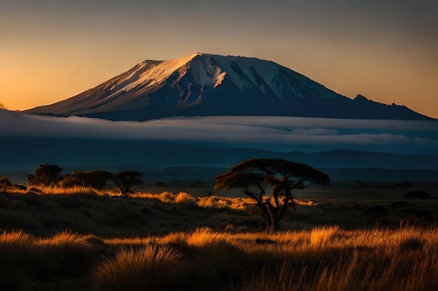 Mount Kilimanjaro and clouds line at sunset view from savanna landscape in Amboseli Kenya Africa