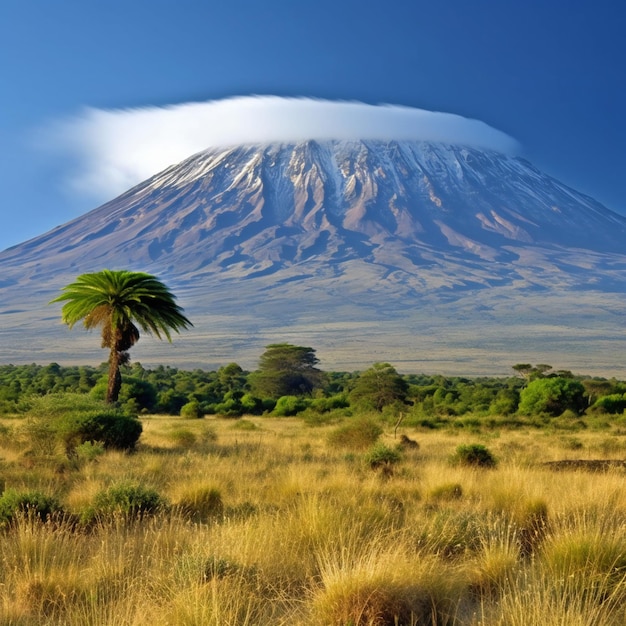 Photo mount kilimanjaro in tanzania with a palm tree on the foreground