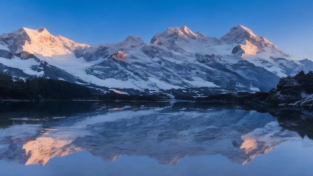 Mount mont blanc covered in the snow reflecting on the water in the evening in chamonix
