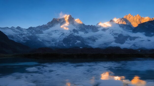 Mount mont blanc covered in the snow reflecting on the water in the evening in chamonix