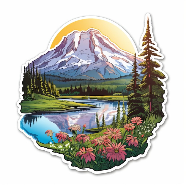 Mount Rainier sticker zeer gedetailleerde realistische decal van berg en bomen