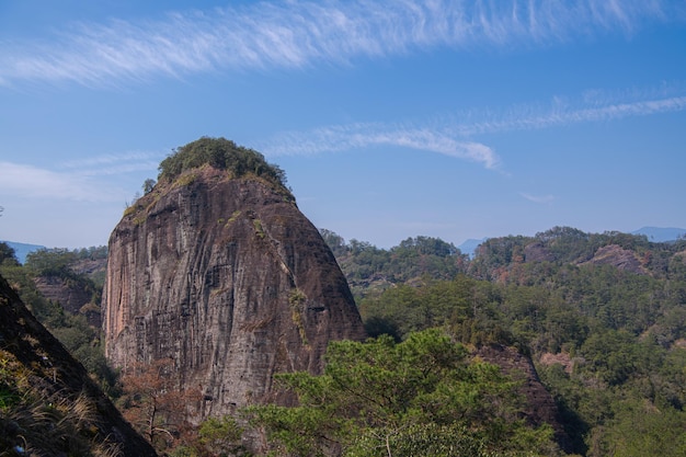 Mount Wuyi scenery The picture is Huxiao Rock scenic spot of Mount Wuyi The Mount is located in Nanping Fujian China Horizontal image of the blue sky and copy space for text