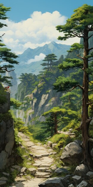 Photo mountain adventure animeinspired artwork with peculiar pine