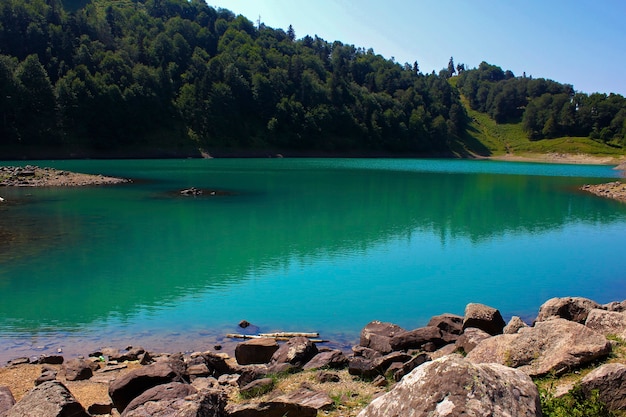 Mountain and alpine lake in Georgia, Lake landscape.