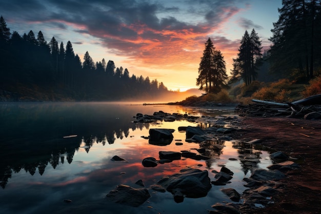Mountain alps lake sunset panorama in Dolomites High quality photo