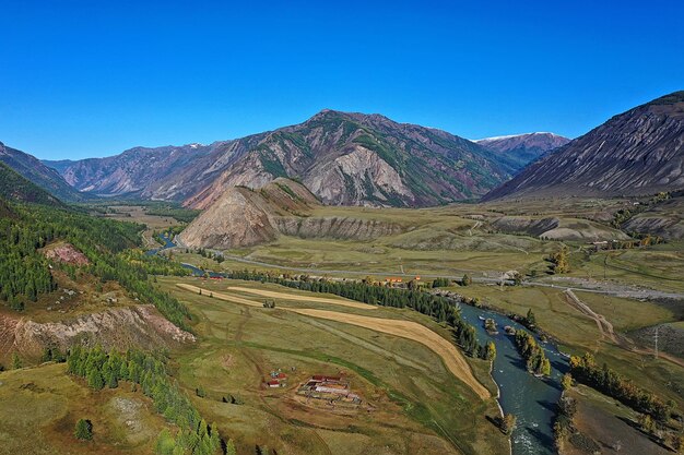 Photo mountain altai river top view drone, landscape altai tourism top view