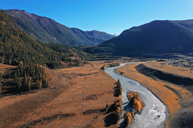 Mountain altai river top view drone, landscape altai tourism\
top view