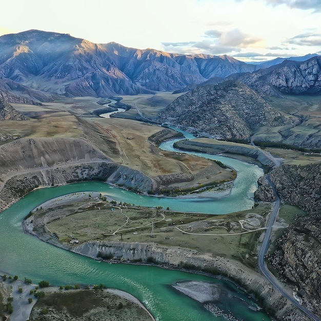 Mountain altai river top view drone, landscape altai tourism\
top view