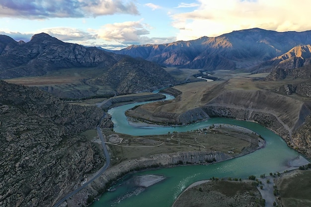 Mountain altai river top view drone, landscape altai tourism\
top view