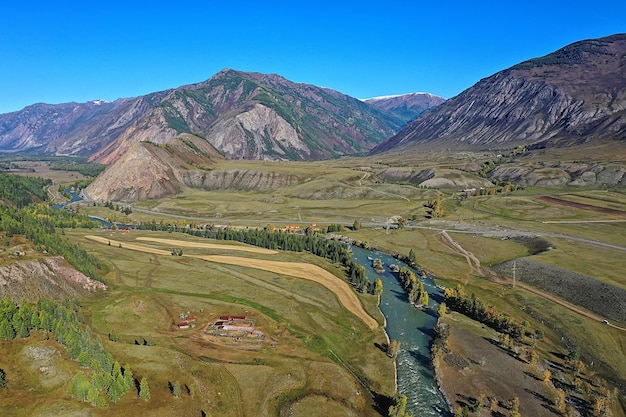 Mountain altai river top view drone, landscape altai tourism\
top view