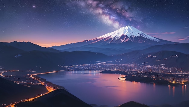 写真 山と湖の風景と美しい紫の銀河の空の背景