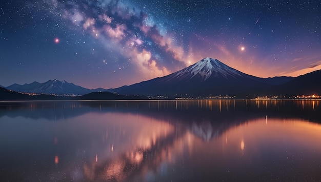 写真 山と湖の風景と美しい紫の銀河の空の背景