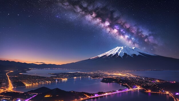 写真 山と湖の風景と美しい紫の銀河の空の背景