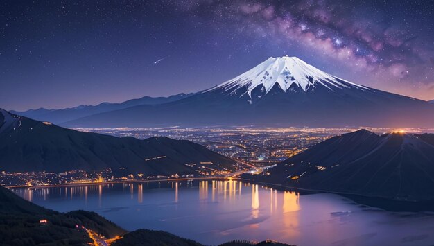 写真 山と湖の風景と美しい紫の銀河の空の背景