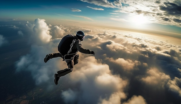 写真 aiが生成したパラシュート装備で空高く舞い上がる山岳アスリート