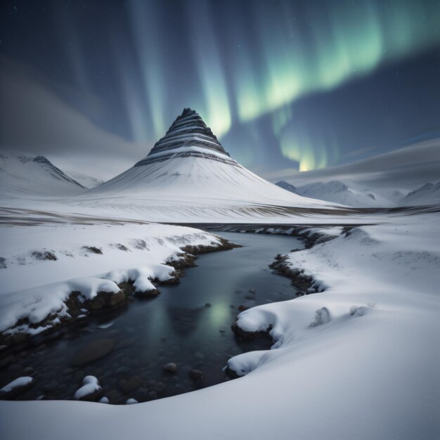 Photo a mountain under the aurora borealis