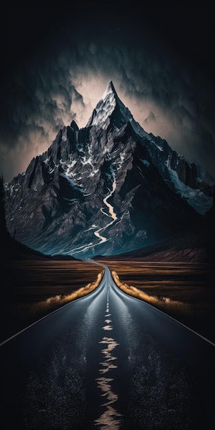 a mountain backdrop and an asphalt road