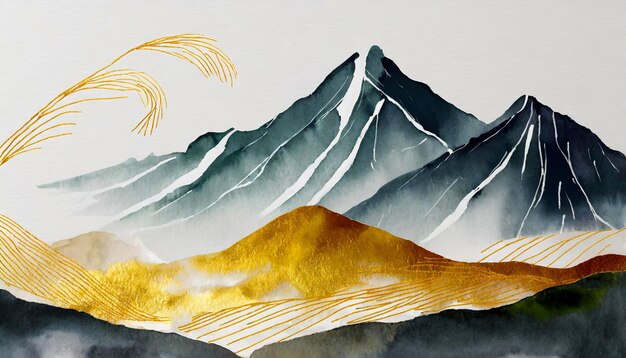 Mountain background vector Minimal landscape art with watercolor brush and golden line art