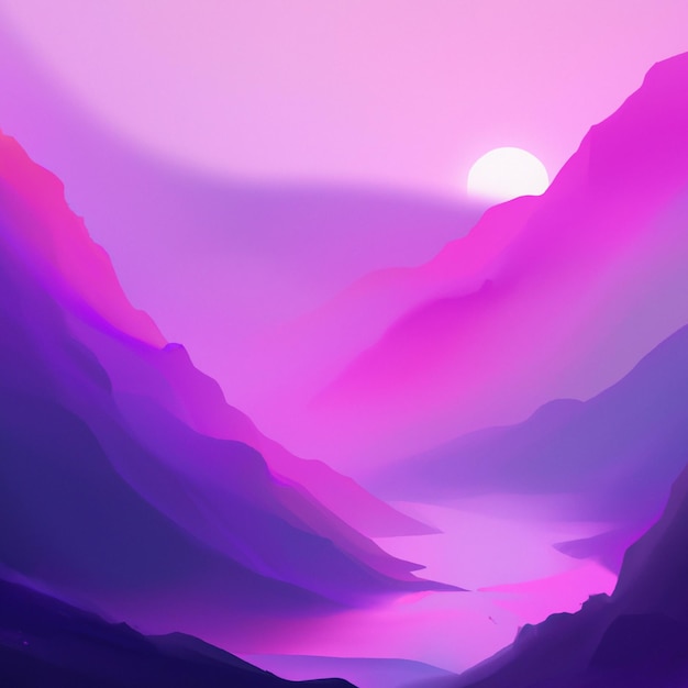 Mountain background with shades of pink and purple, river sunrise