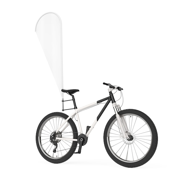 Mountain Bicycle with Blank Banner Promotion Feather Flag on a white background. 3d Rendering