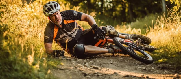 Mountain Bike Accident Cyclist Falls and Suffers Injury in Practice Activities Cycling Sports in Natural Park Urgent Aid Required and Receive Care from First Aid Staff with sunshine