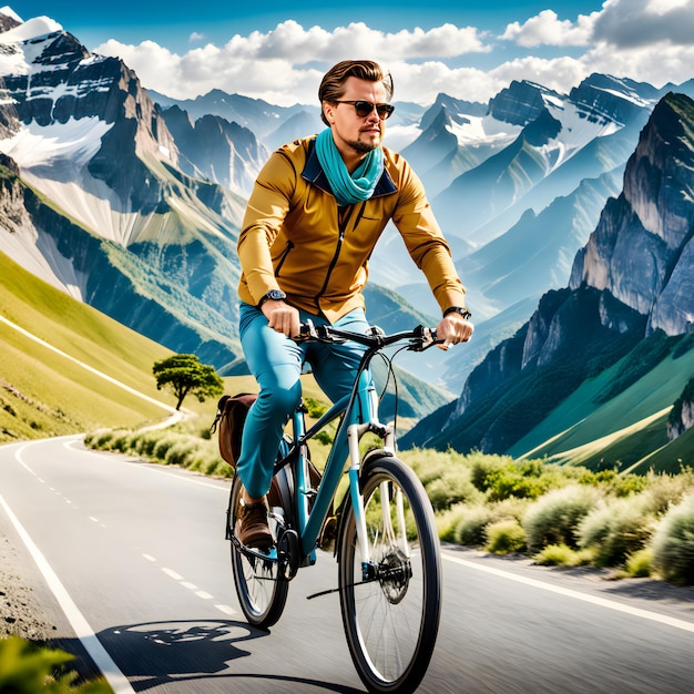 Mountain bike cyclist riding on the road in the high mountains