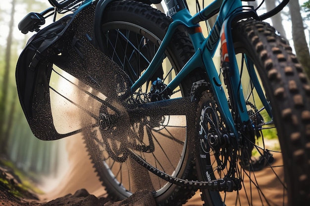 A mountain bike is kicking up dirt and it is being driven on a dirt track.