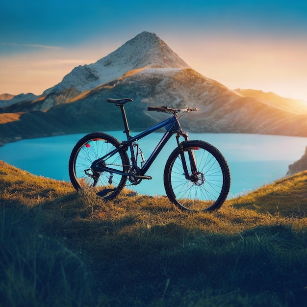 A mountain bike is parked in front of a mountain.