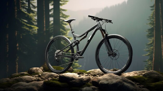 a mountain bike is parked on a rocky hill with trees in the background