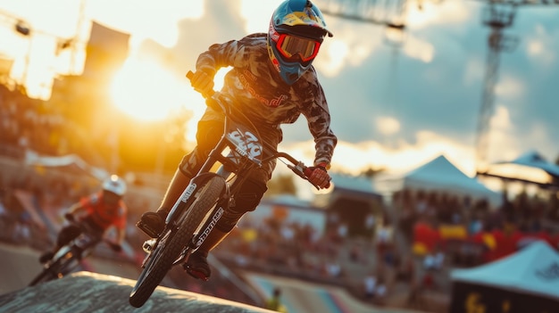 Mountain bike racer rides in a city skate park on a warm summer evening Teenager in a protective helmet and goggles participates in track race