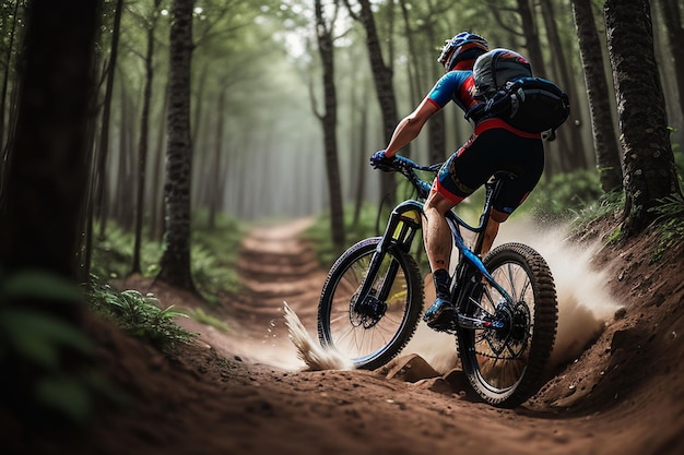 A mountain bike rider in a forest with trees in the background