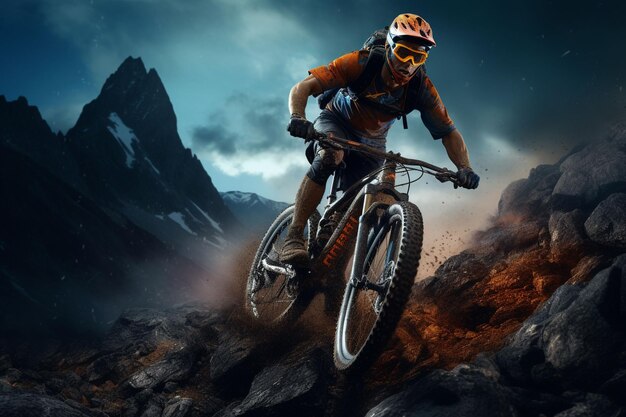 Photo mountain bike rider in the mountains sport and active life concept ai generated