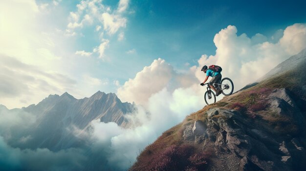 Photo mountain bike rider in the top of the mountain high quality photo