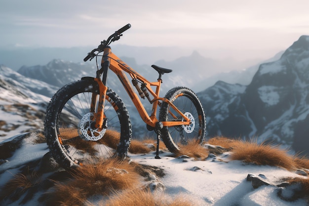 A mountain bike on a snowy mountain with mountains in the background