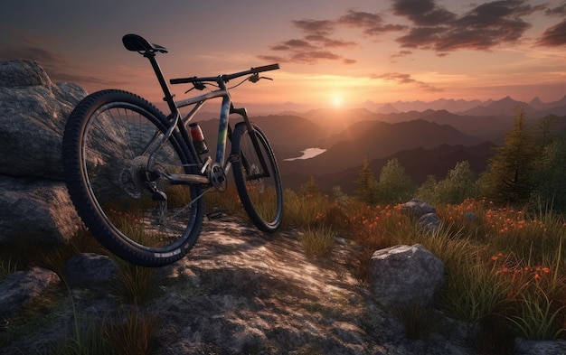 Photo a mountain bike stands on a rocky cliff in front of a sunset.