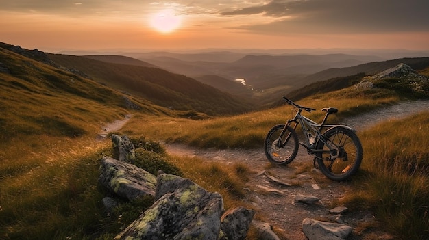 Mountain bike on a trail in the Carpathian mountains at sunsetgenerative ai
