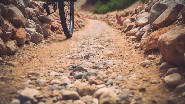 Mountain bike wheel in a gravel track Generative AI