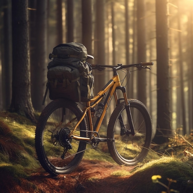 Mountain Bike with Backpack Standing Near Tree in Jungle Generative AI