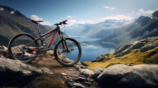 a mountain bike with a mountain lake in the background