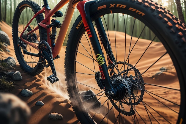 A mountain bike with a red and black frame and the word xt on the front.