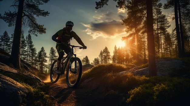 Mountain biker on forest trail in the sunset Generative AI illustration